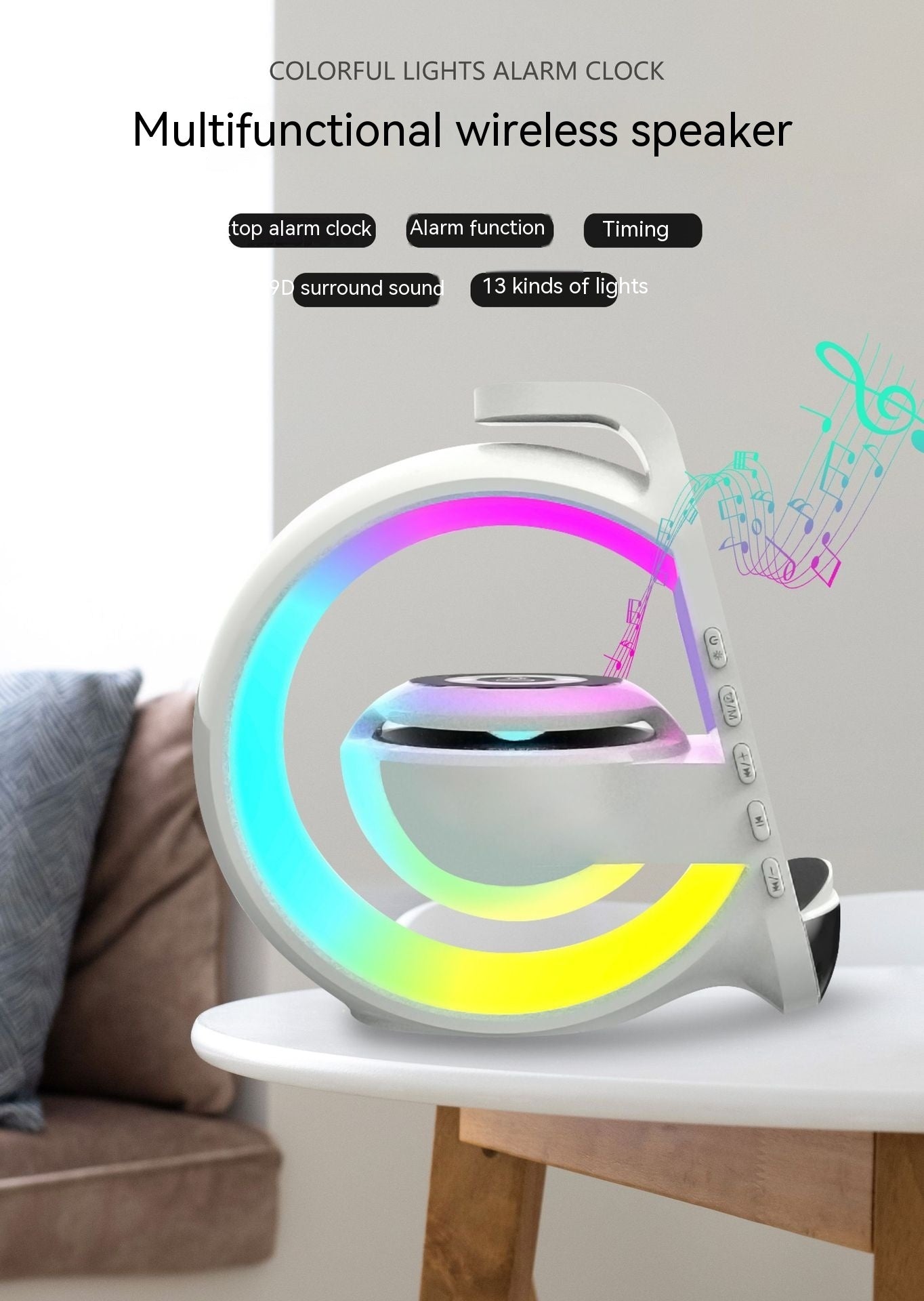 6-in-1 Bluetooth Speaker & Draadloze Oplader | Sfeerverlichting • Wekker • Microfoon