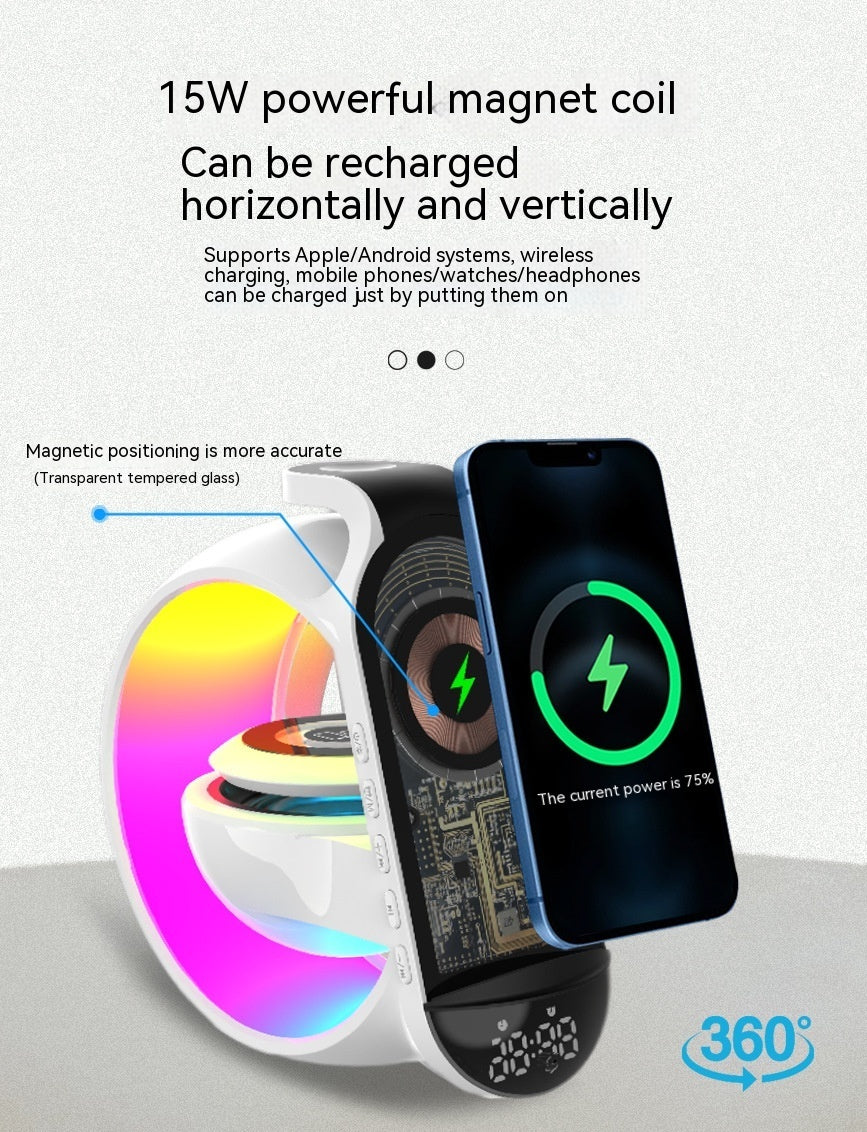 6-in-1 Bluetooth Speaker & Draadloze Oplader | Sfeerverlichting • Wekker • Microfoon