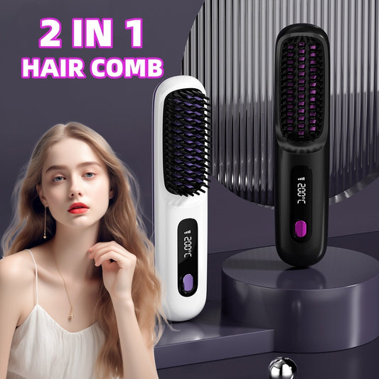Draadloze 2-in-1 USB Stijl- en Krulborstel – 35 W, 3 Warmtestanden, Snelle OP-lading