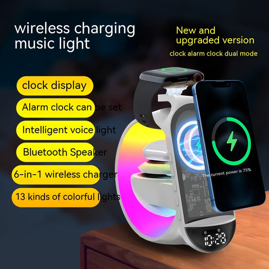 6-in-1 Bluetooth Speaker & Draadloze Oplader | Sfeerverlichting • Wekker • Microfoon